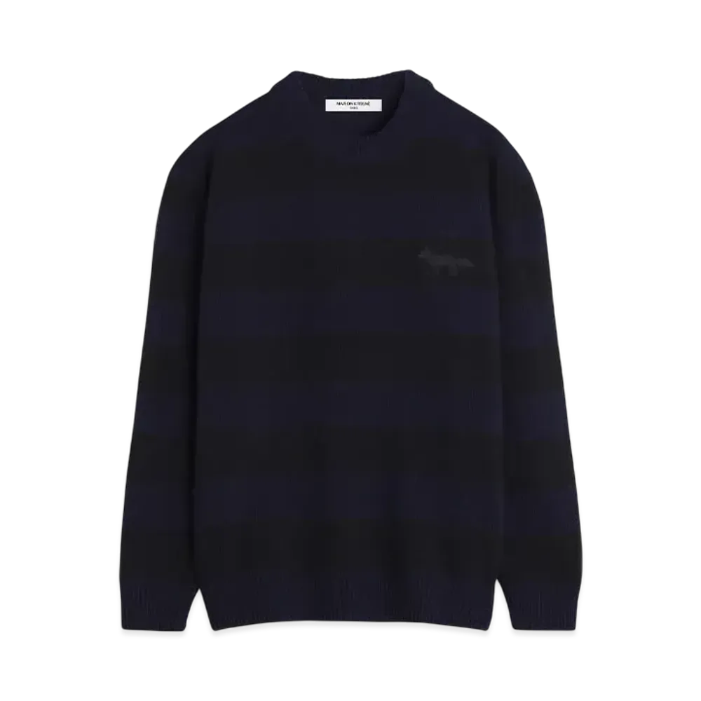 Maison Kitsune Festive Profile Fox Patch Stripe Jumper "Black/Ink Blue"