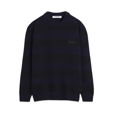 Maison Kitsune Festive Profile Fox Patch Stripe Jumper "Black/Ink Blue"
