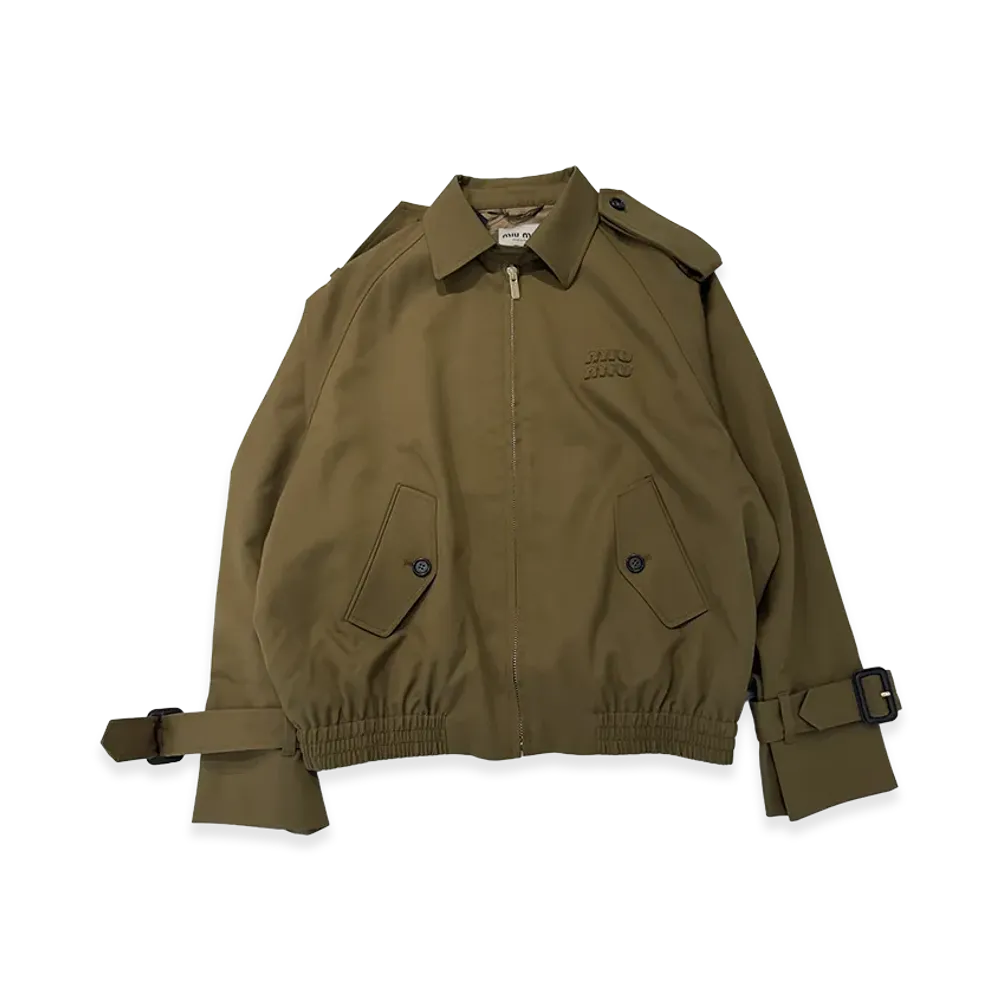 MIU MIU Women's Logo Patch Zip Up Gabardine Blouson "Khaki"