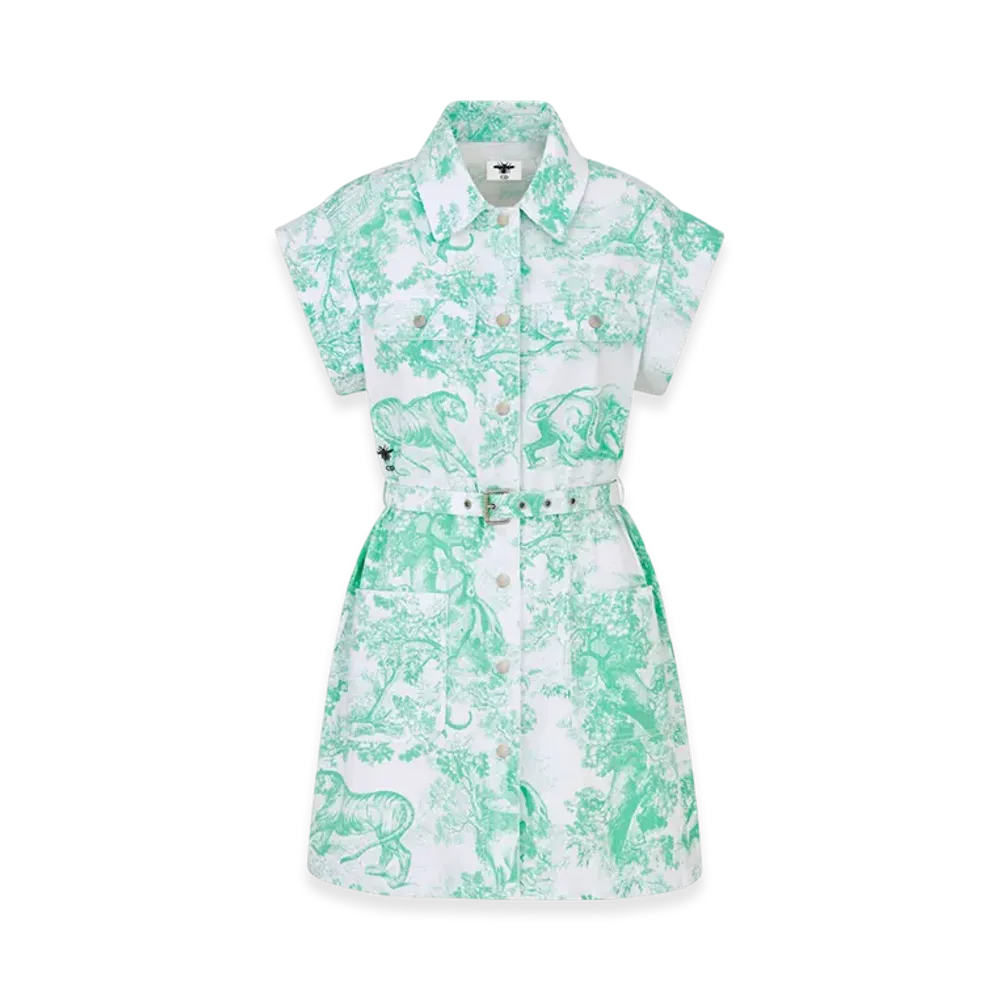 Dior Women's Cotton Denim with Toile De Jouy Sauvage Motif Dioriviera Short Shirt Dress "White/Aquamarina"