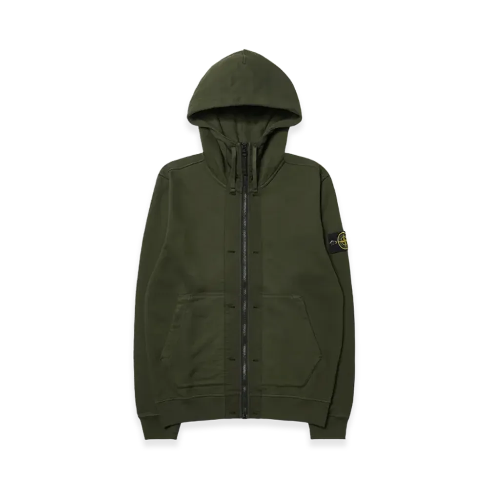 Stone Island 60477 Brushed Cotton Fleece Garment Dyed Full Zip Up Hooded Sweatshirt - 23FW "Olive Green"