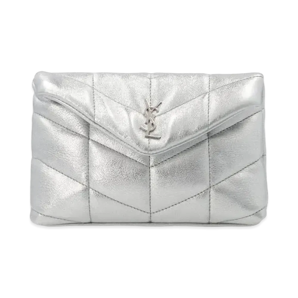 SAINT LAURENT Puffer Small Pouch In Crinckled Lame Leather "Silver Black"