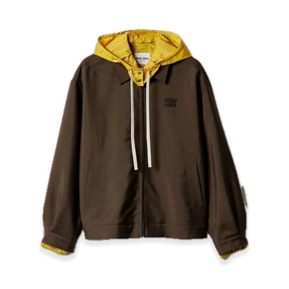 MIU MIU Kid Mohair and Technical Pongee Blouson Jacket "Peat Brown/Mustard"