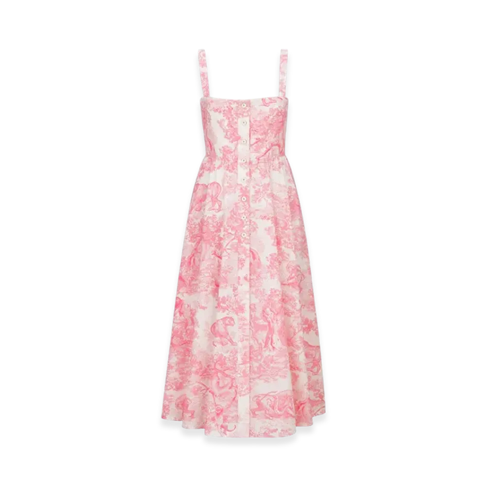 Dior Women's Dioriviera Flared Mid-Length Dress Cotton Silk Poplin with Toile de Jouy Sauvage Motif "White/Candy Pink"