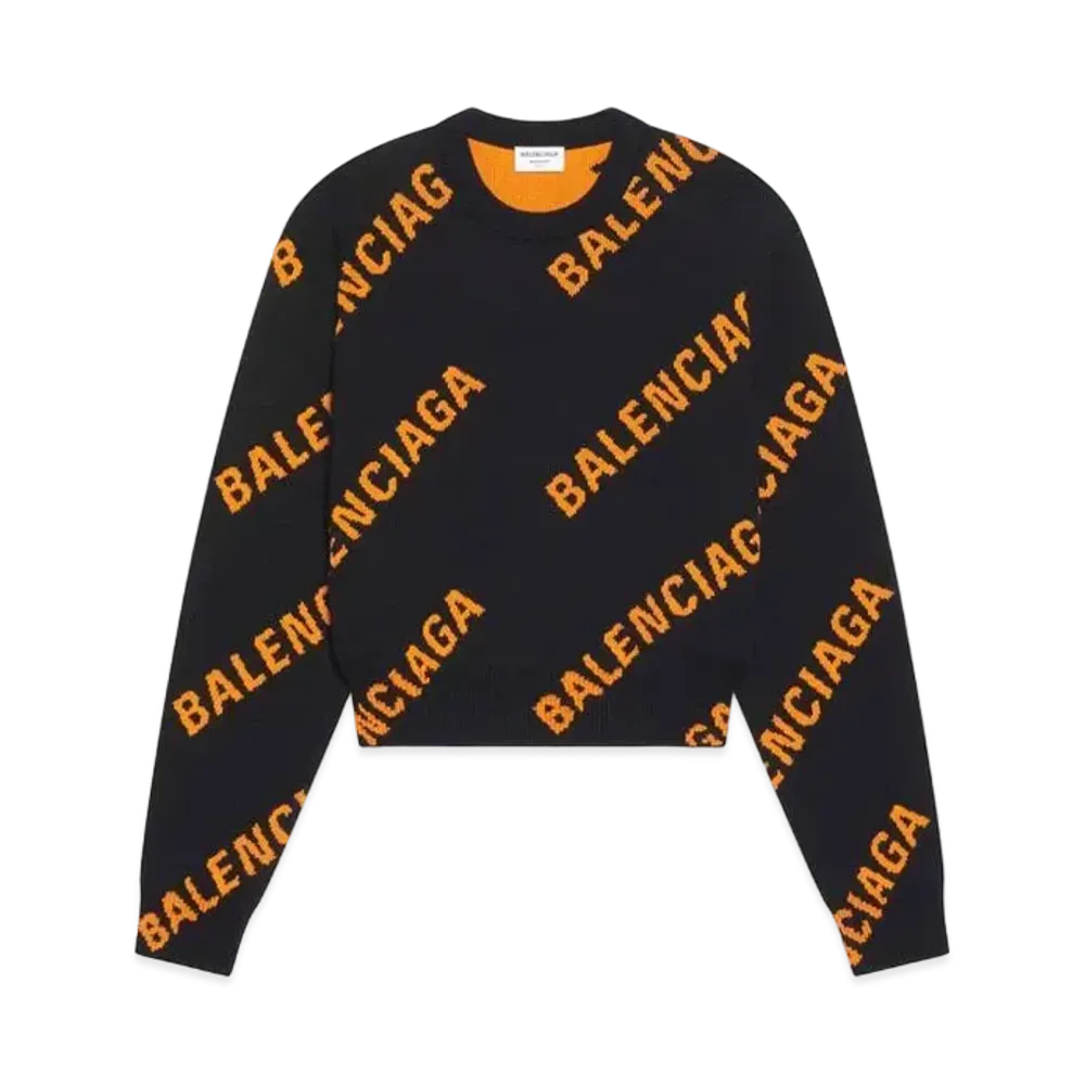 BALENCIAGA Allover Logo Crewneck Cotton Knit "Black"