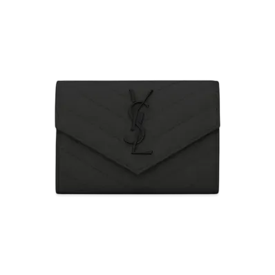 Saint Laurent Envelope Monogram Wallet In Grain De Poudre Embossed Leather "Black"