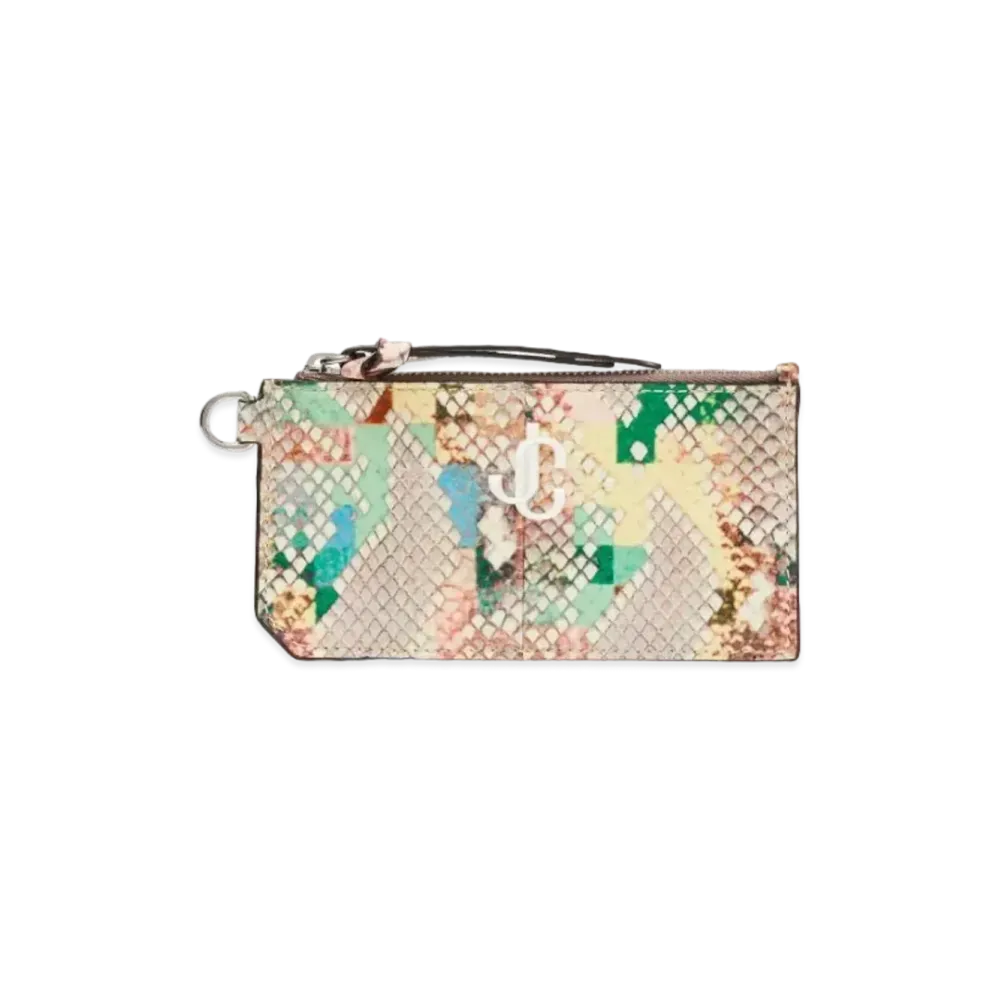 Jimmy Choo Lise Glossy Rainbow Elaphe Card Case With JC Logo "Latte/Sunrise Mix"