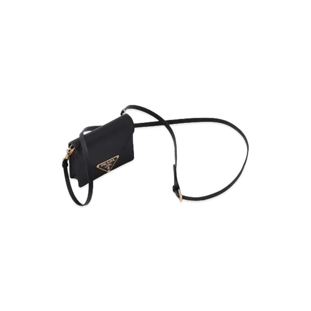 PRADA Saffiano Leather Card Holder With Shoulder Strap "Black"