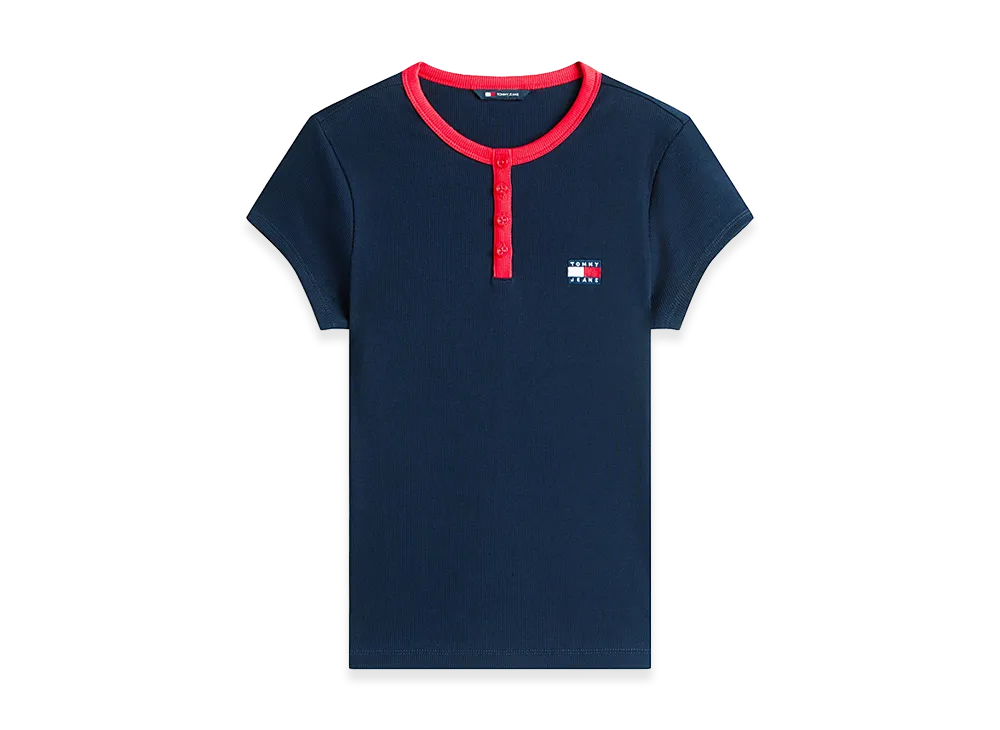 TOMMY HILFIGER Women's Tommy Badge Henley Ribbed Slim T-Shirt "Dark Blue"