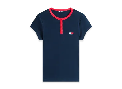 TOMMY HILFIGER Women's Tommy Badge Henley Ribbed Slim T-Shirt "Dark Blue"