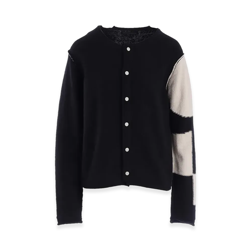 Y's Intersia Jersey Round Neck Knit Cardigan "Black"