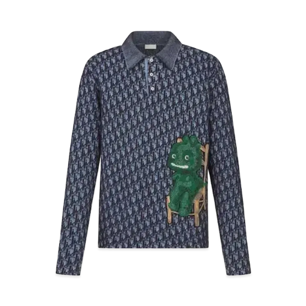 Dior & Otani Workshop Long Sleeved Polo Shirt Cotton Mohair and Alpaca Jacquard "Navy Blue"