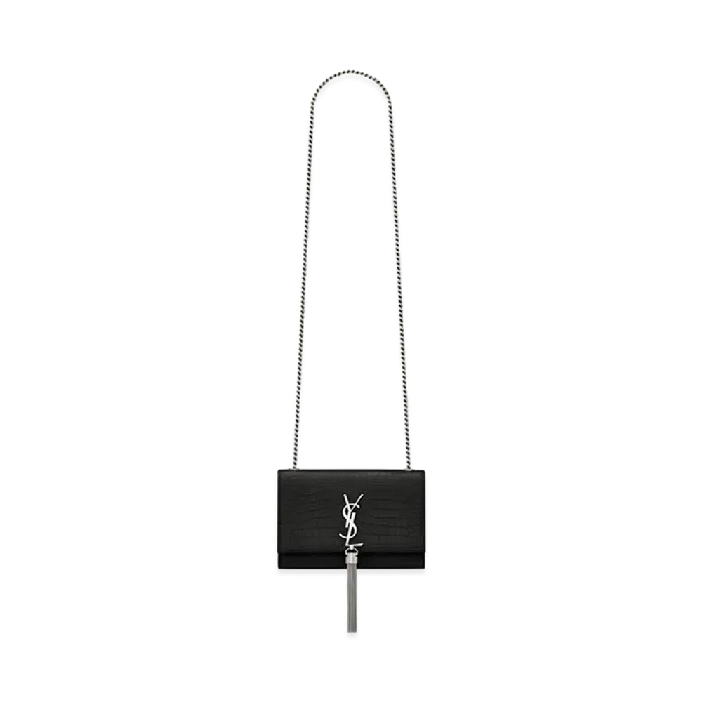 Saint Laurent Kate Small Chain Bag With Tassel In Embossed Crocodile Shiny Leather "Black"