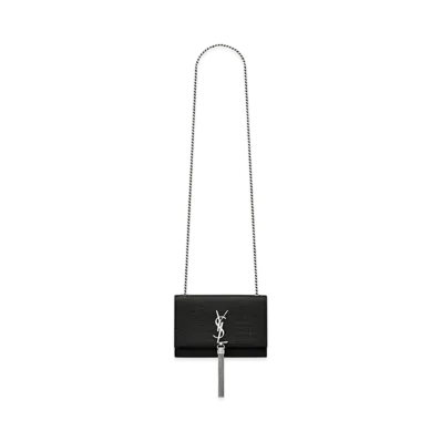 Saint Laurent Kate Small Chain Bag With Tassel In Embossed Crocodile Shiny Leather "Black"