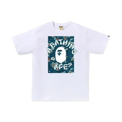 A BATHING APE Japanese Tattoo Camo On College Tee "White/Blue"