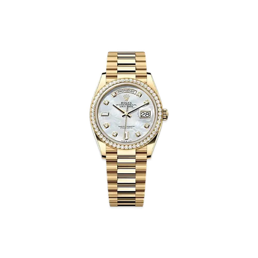 ROLEX Day-Date 36mm Yellow Gold Diamond 128348RBR "White Mother-of-Pearl"