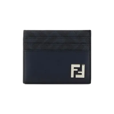 FENDI FF Squared Leather And FF Canvas Card Holder "Blue"