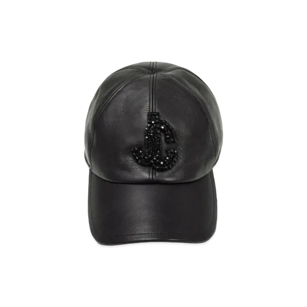 Jimmy Choo SABY Leather Baseball Cap With Crystal JC Logo "Black"