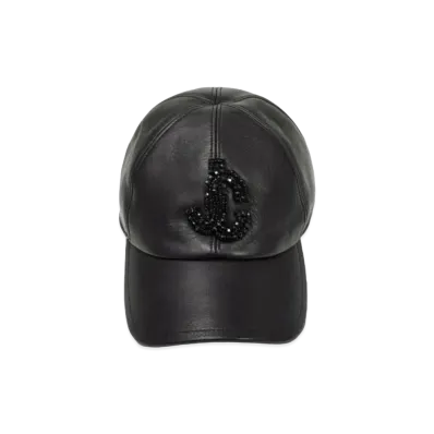 Jimmy Choo SABY Leather Baseball Cap With Crystal JC Logo "Black"