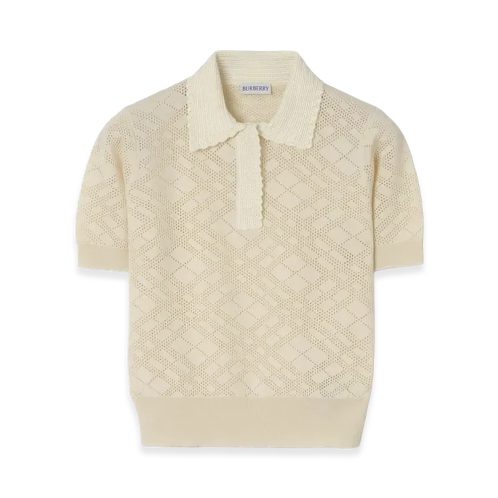 Burberry Women's Check Wool Silk Polo Shirt "Ceramic White"