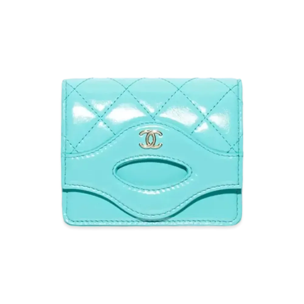 CHANEL Flap Card Holder Shiny Calfskin & Gold Tone Metal "Turquoise"