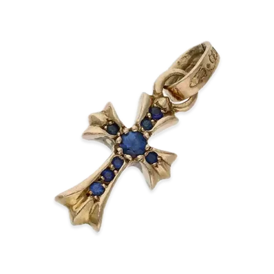 Chrome Hearts 22K Cross Baby Fat Pave Sapphire Charm "Yellow Gold/Blue"