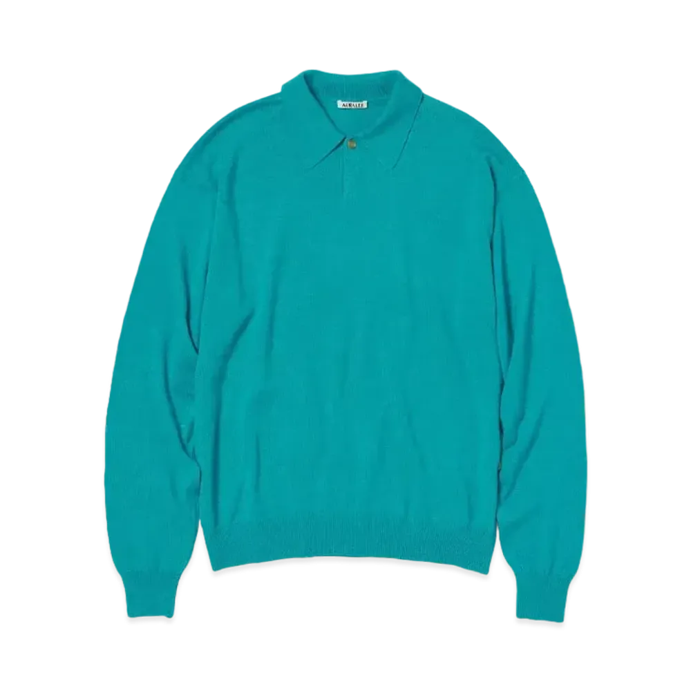 AURALEE Cashmere Silk Wool Knit Polo "Aqua Blue"