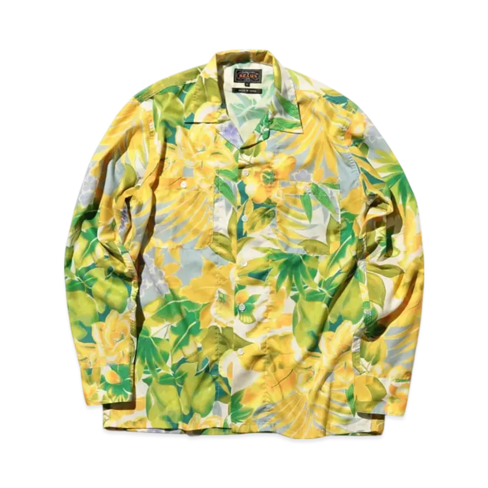 BEAMS MIL Open Collar Tropical Pattern Print "Yellow"