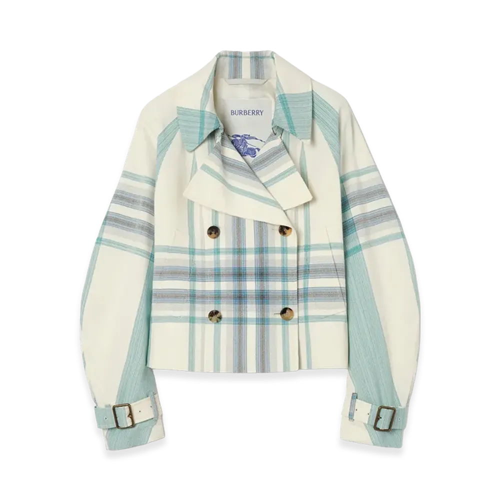 Burberry Women's Cropped Check Ladybrook Trench Jacket "Tidal Blue"