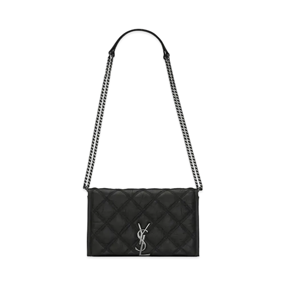 Saint Laurent Becky Chain Wallet In Quilted Wrinkled Matte Leather "Black"