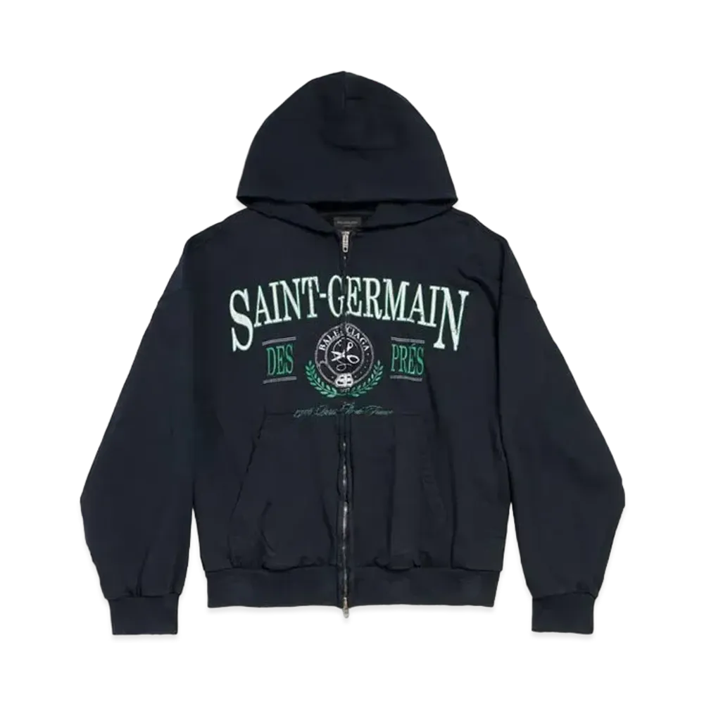 BALENCIAGA Saint Germain Zip-Up Hoodie Regular Fit in Curly Fleece "Dark Blue"