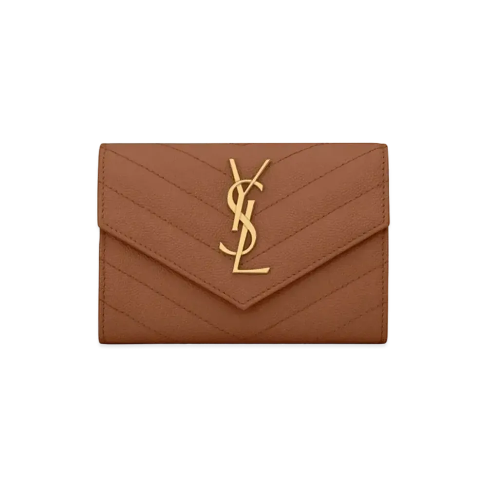 SAINT LAURENT Monogram Small Envelope Wallet In Grain De Poudre Embossed Leather "Dark Natural"