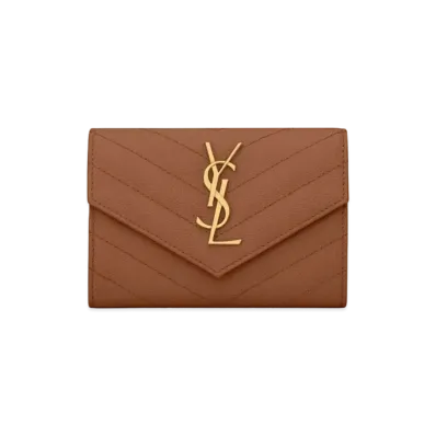 SAINT LAURENT Monogram Small Envelope Wallet In Grain De Poudre Embossed Leather "Dark Natural"