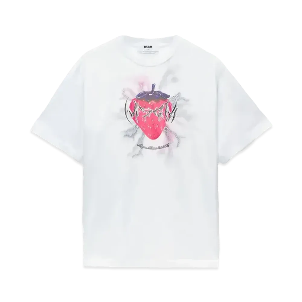 MSGM Jersey T-Shirt With Tough Strawberries Print "White"