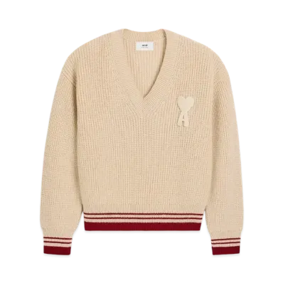 AMI PARIS Wool Ribbed V-Neck Sweater "BlancCreme"
