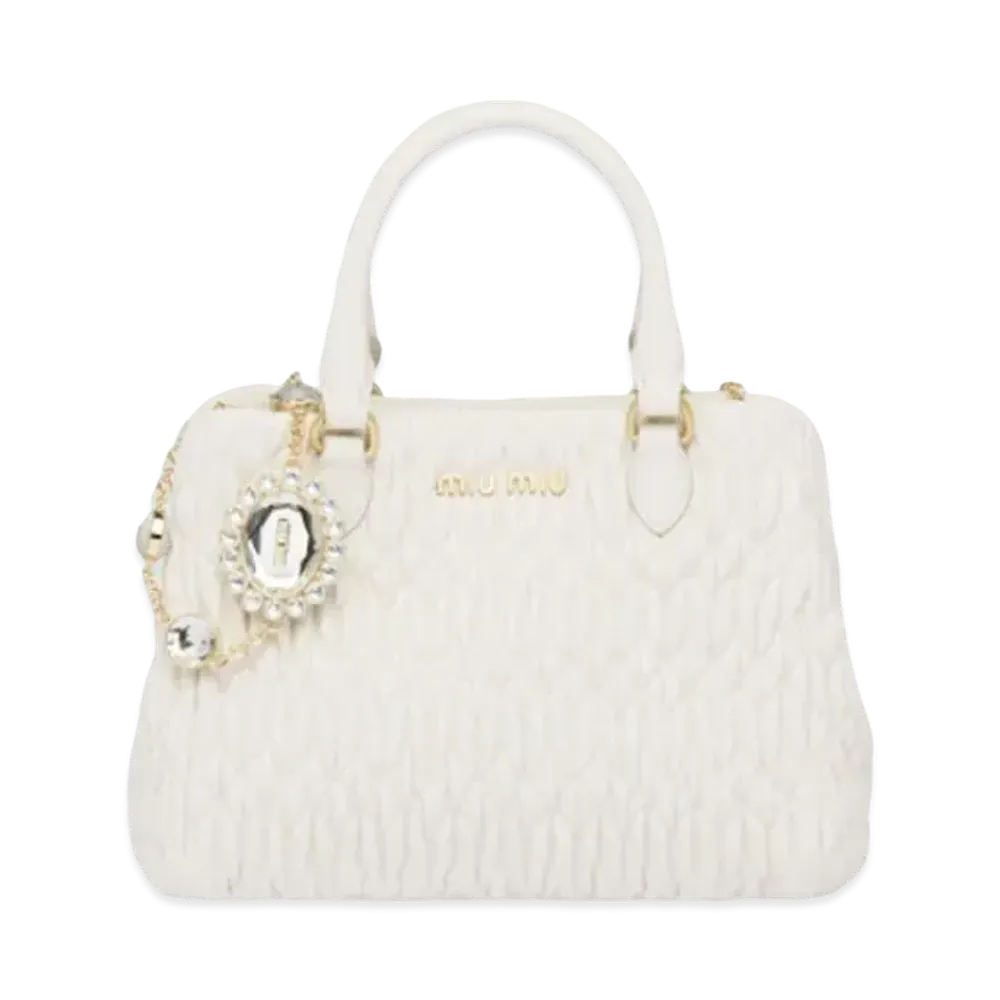 MIU MIU Miu Crystal Cra Keknopa Leather Handbag "White"