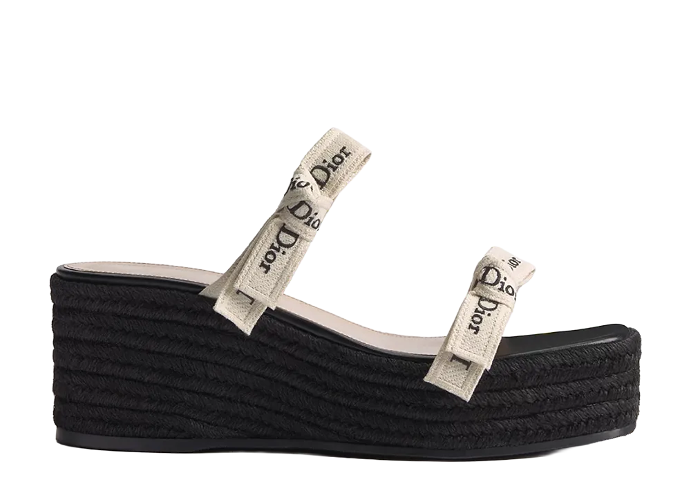Dior Women's J'Adior Strap Wedge Slide Embroidered Cotton and Black Raffia "Black"