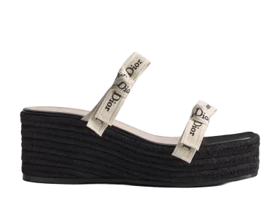 Dior Women's J'Adior Strap Wedge Slide Embroidered Cotton and Black Raffia "Black"