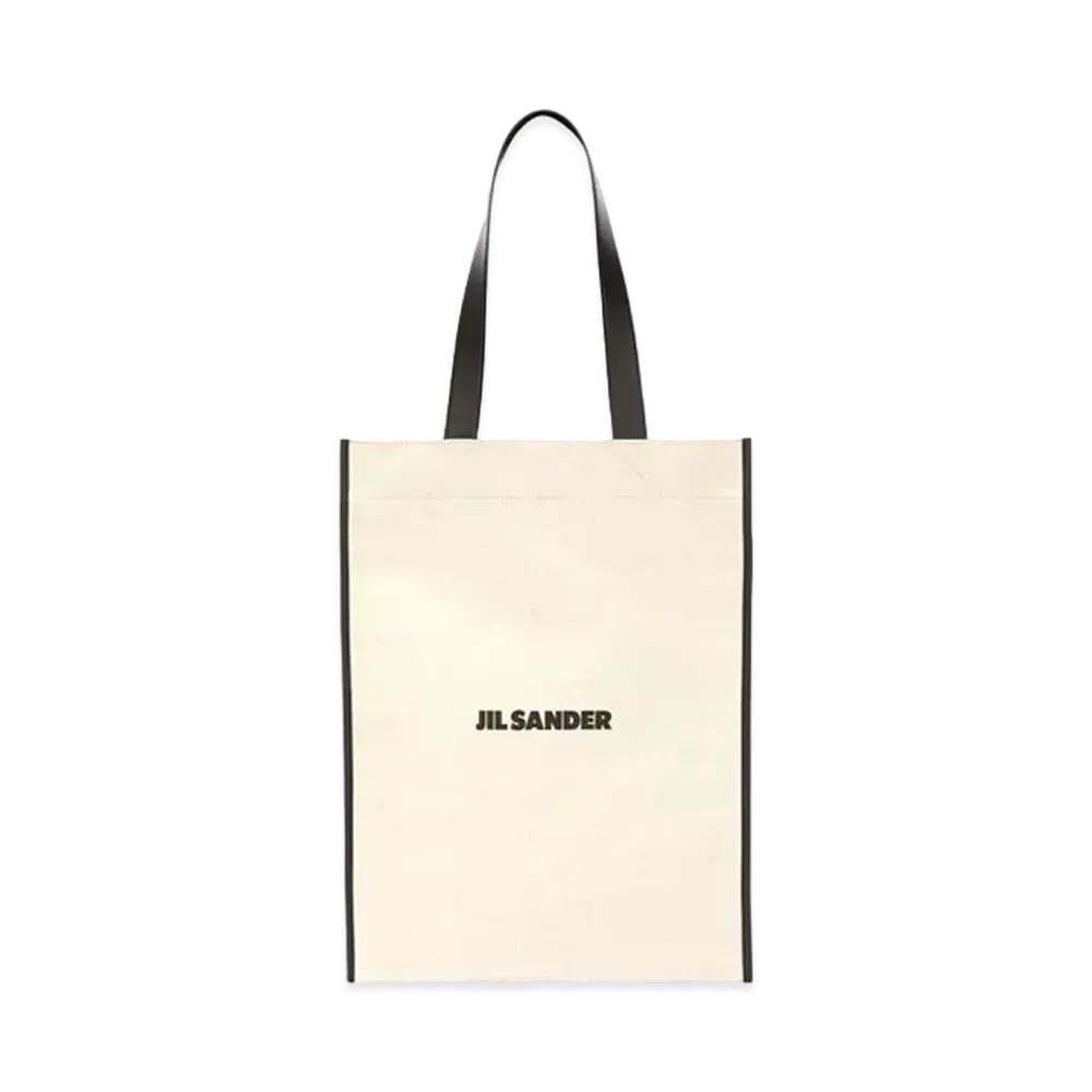 Jil Sander Flat Shopper Medium Medium-Sized Canvas Bag With Leather Trims and Printed Logo "Natural"