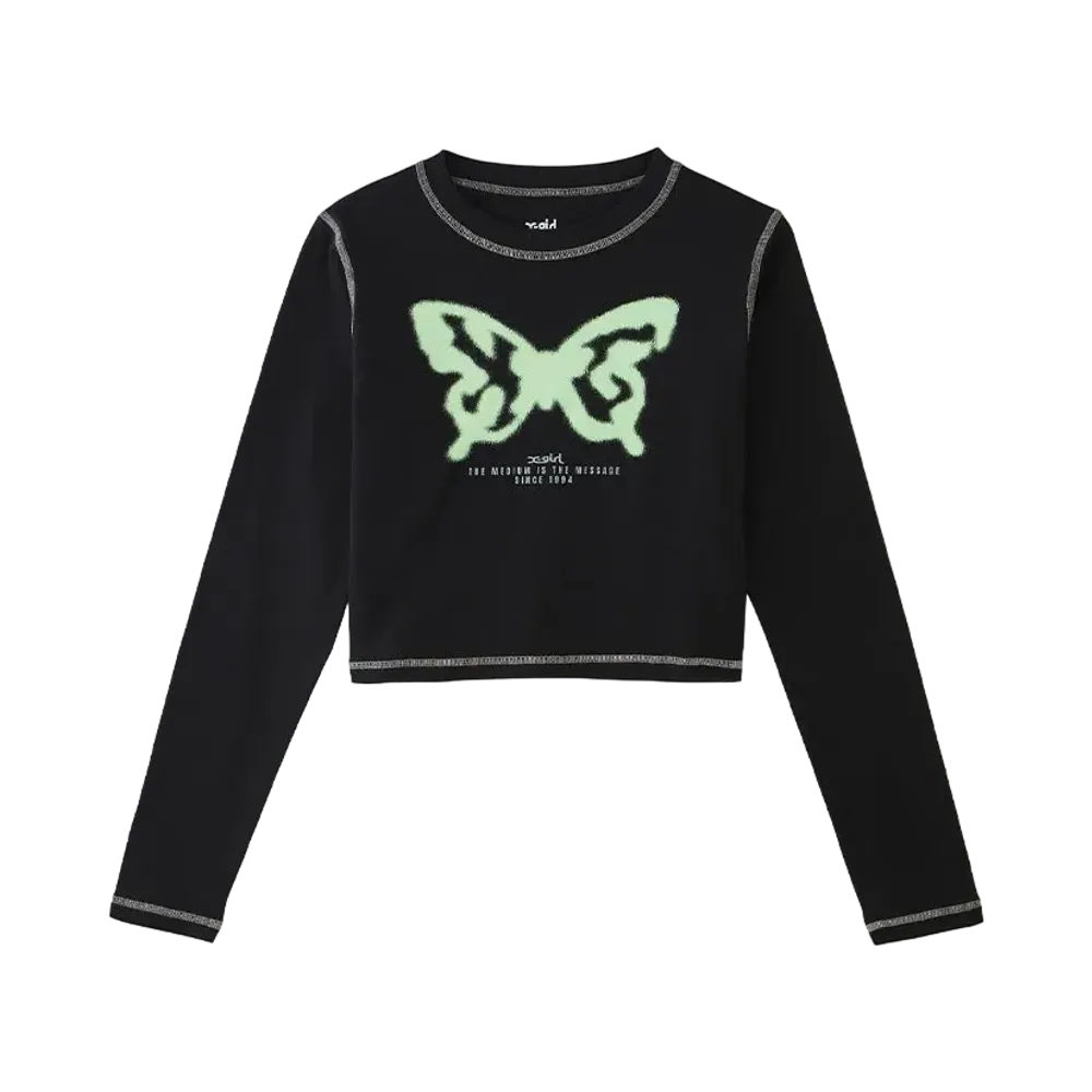 X-Girl Spray Butterfly Print L/S Baby Tee "Black"