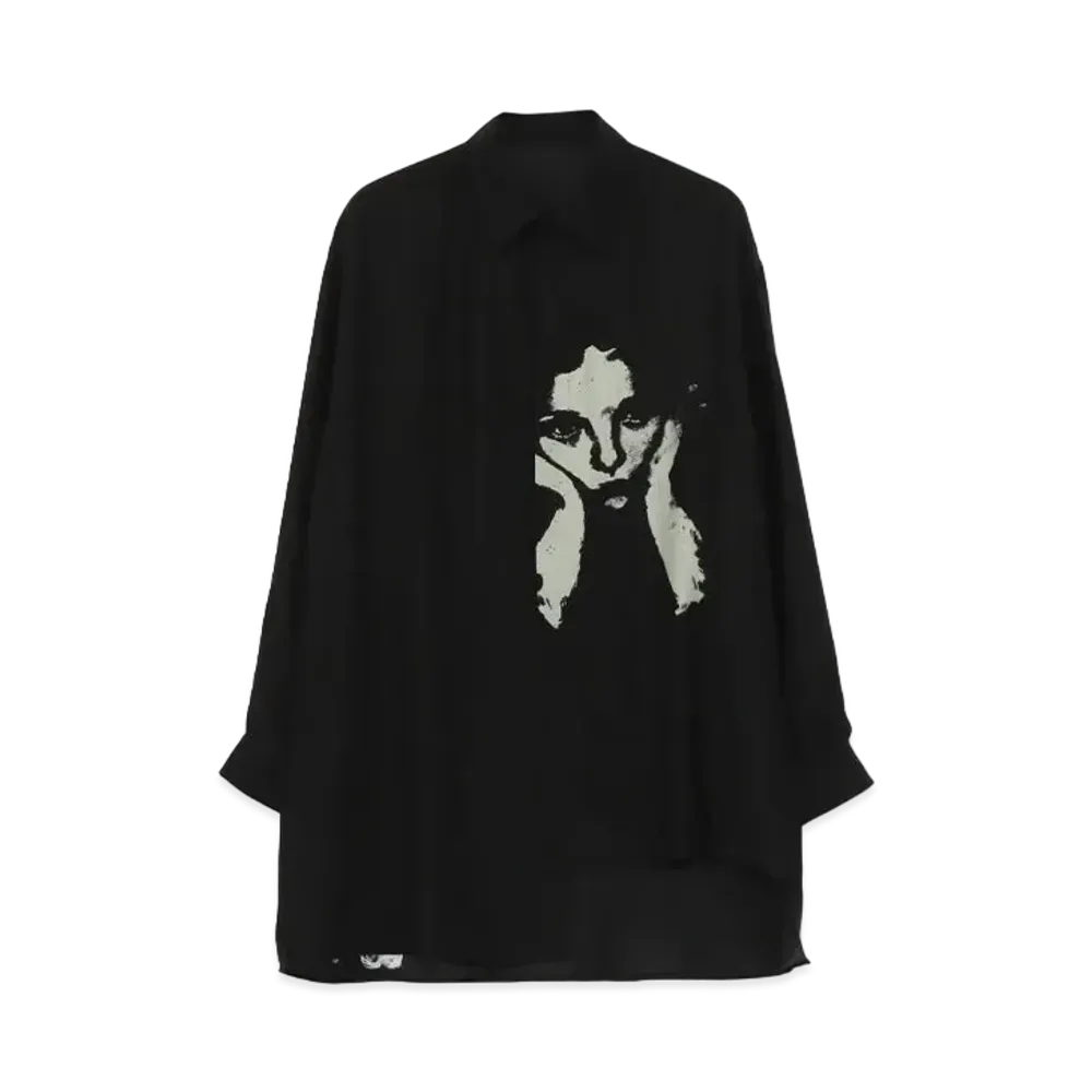 Yohji Yamamoto Pour Homme SILK SATIN ORIGINAL PRINT UNEVEN HEM BLOUSE "Black"