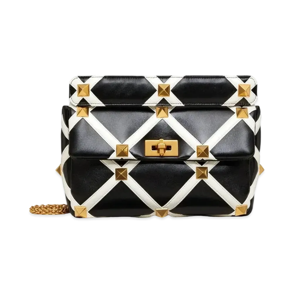 Valentino Large Roman Stud The Shoulder Bag In Nappa With Grid Detailing "Black/Ivory"