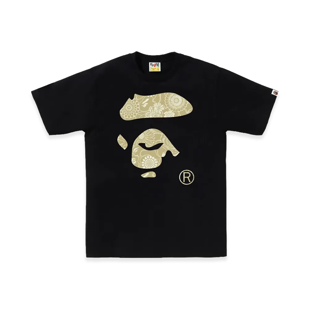 A BATHING APE Japanese Indigo Art Camo Ape Face Tee "Black"