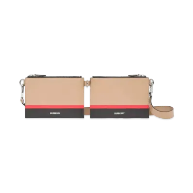 BURBERRY Striped Print Link Pouch Cross Body Bag "Driftwood/Black/Red"