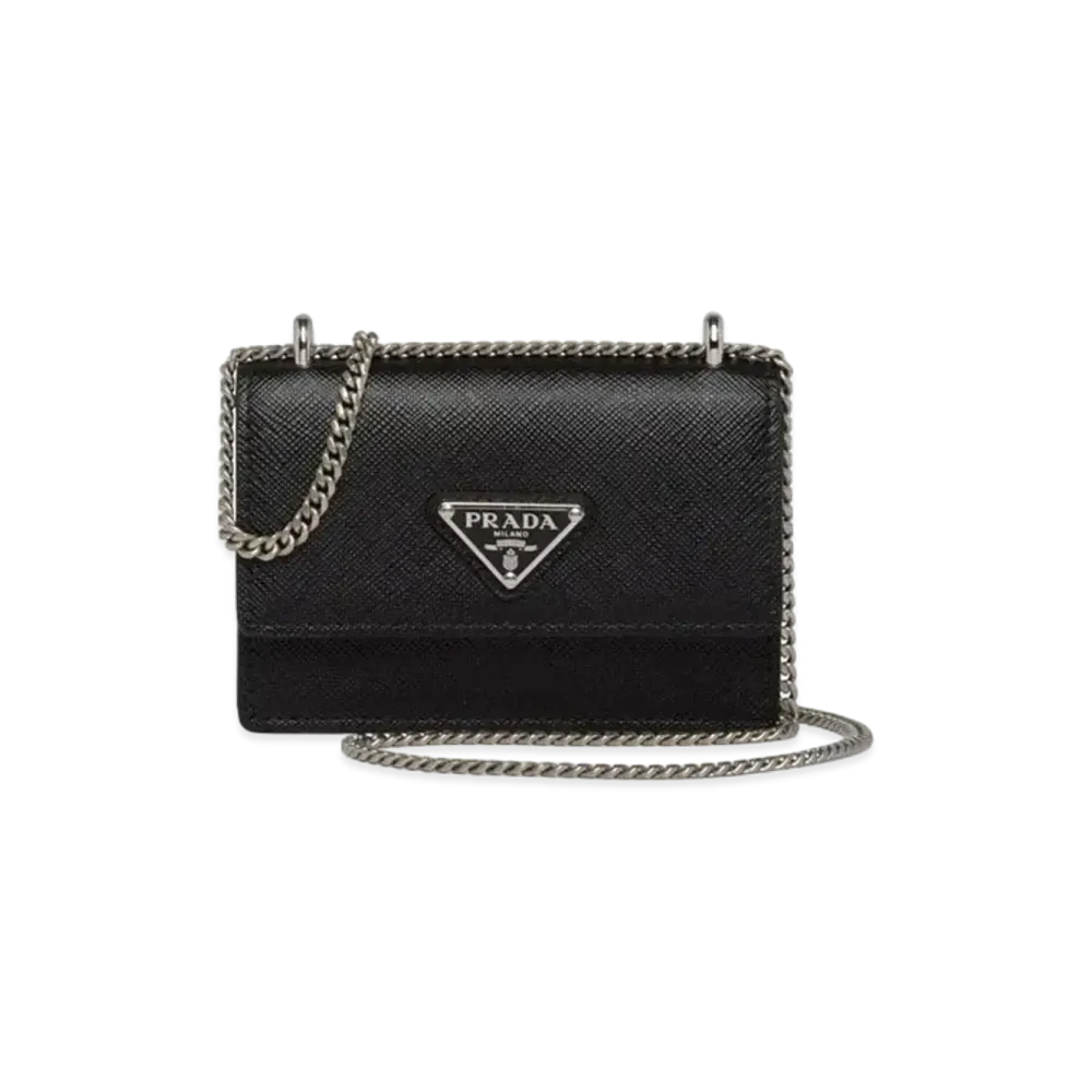 PRADA Saffiano Leather Card Holder With Shoulder Strap "Black"