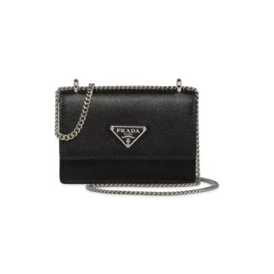 PRADA Saffiano Leather Card Holder With Shoulder Strap "Black"