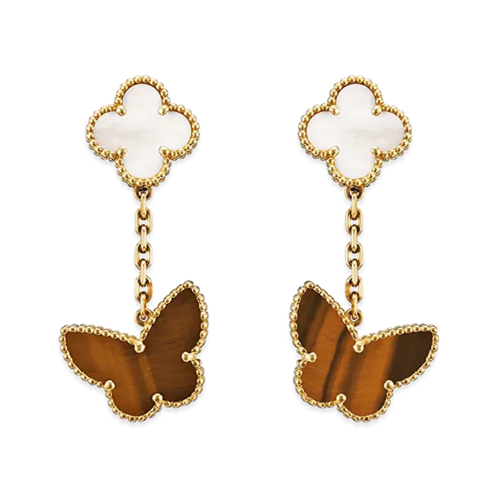 Van Cleef & Arpels Lucky Alhambra earrings 2 motifs "18K Yellow gold/Tiger's eye/Mother-of-pearl"