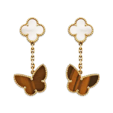 Van Cleef & Arpels Lucky Alhambra earrings 2 motifs "18K Yellow gold/Tiger's eye/Mother-of-pearl"