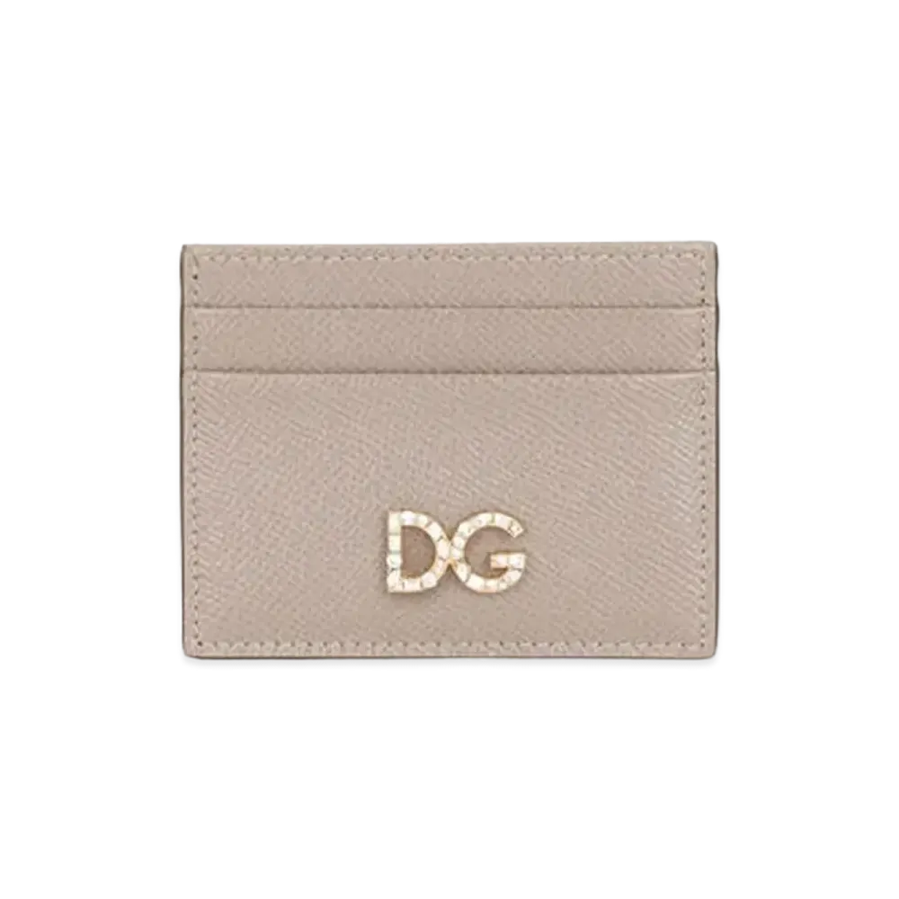 Dolce&Gabbana Credit Card Holder Dauphine Calfskin DG Rhinestone "Beige"
