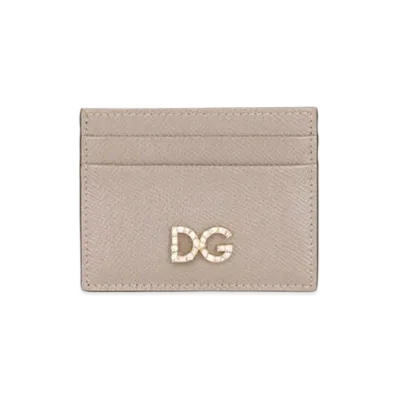 Dolce&Gabbana Credit Card Holder Dauphine Calfskin DG Rhinestone "Beige"